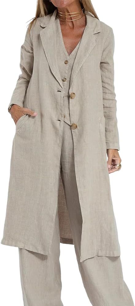 IDEALSANXUN Womens Long Linen Blazer Jackets Casual Lightweight Trench Coat | Amazon (US)