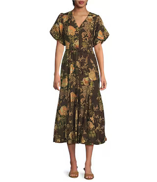 ASTR the Label Lavena Floral Print Belted V-Neck Short Puff Sleeve Midi Dress | Dillard's | Dillard's