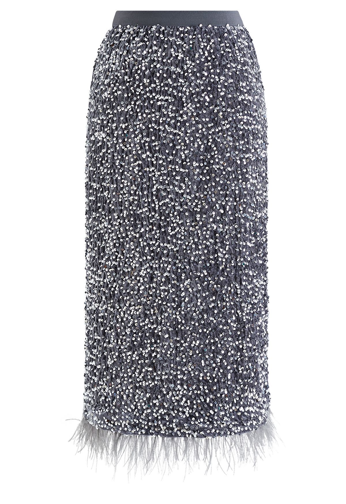 Velvet Sequined Feathered Hem Pencil Skirt in Grey | Chicwish