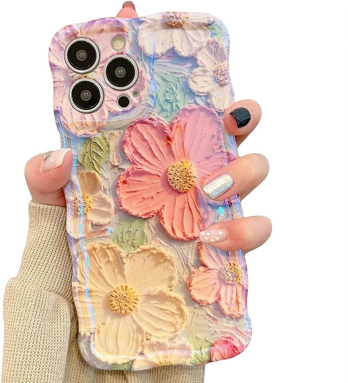 UEEBAI Case for iPhone 15 Pro Max 6.7 inch, Colorful Retro Oil Painting Flower Case Pretty Glossy... | Amazon (US)