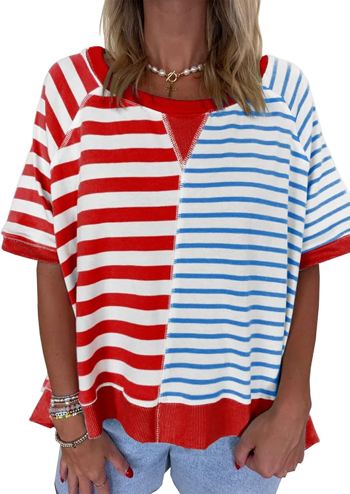 Womens 2025 Oversized Short Sleeve Sweatshirt Striped Shirt Crewneck Pullover Loose Tops Red and ... | Amazon (US)