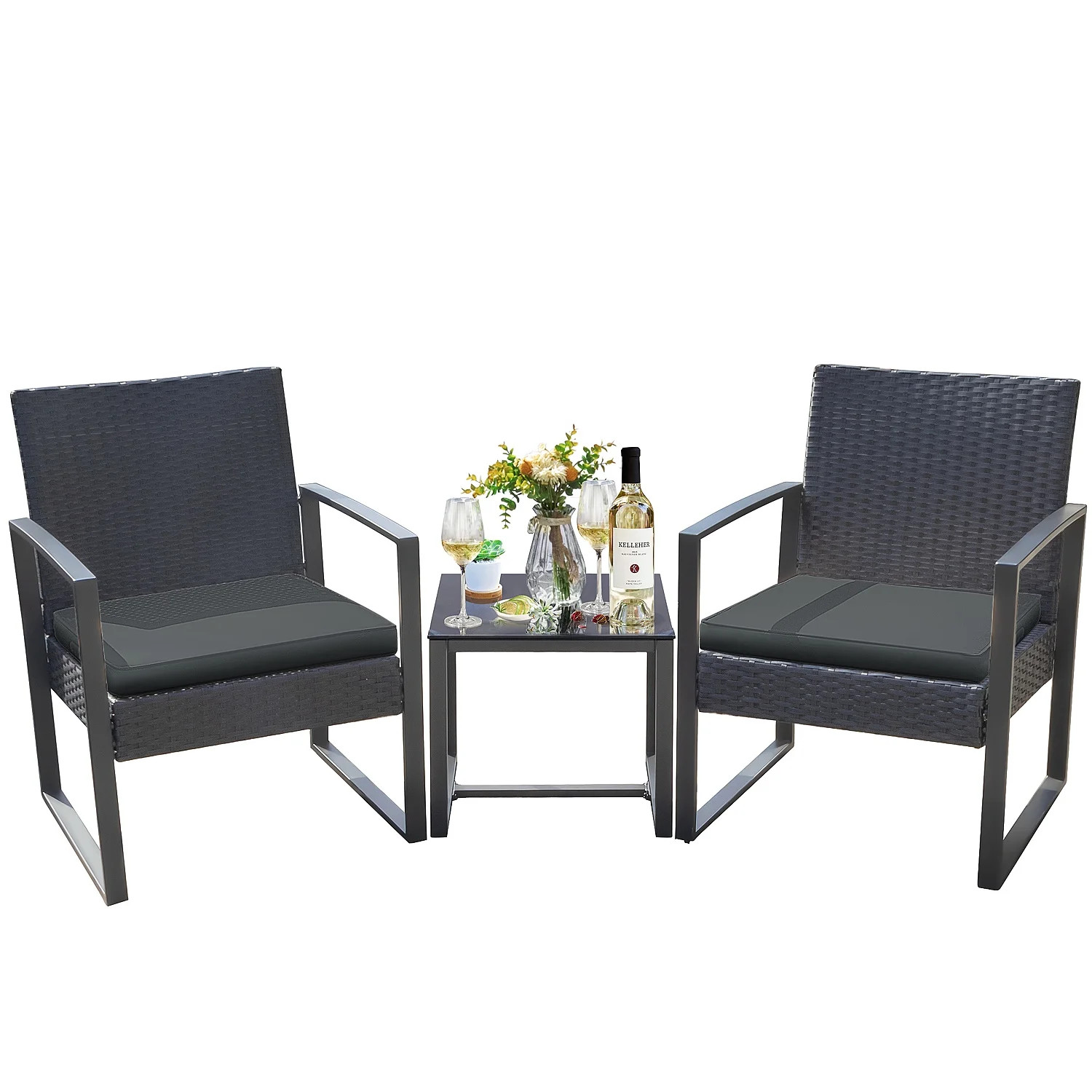 Lacoo 3 Pieces Patio Conversation Set PE Rattan Bistro Chairs Set of 2 with Coffee Table, Black | Walmart (US)