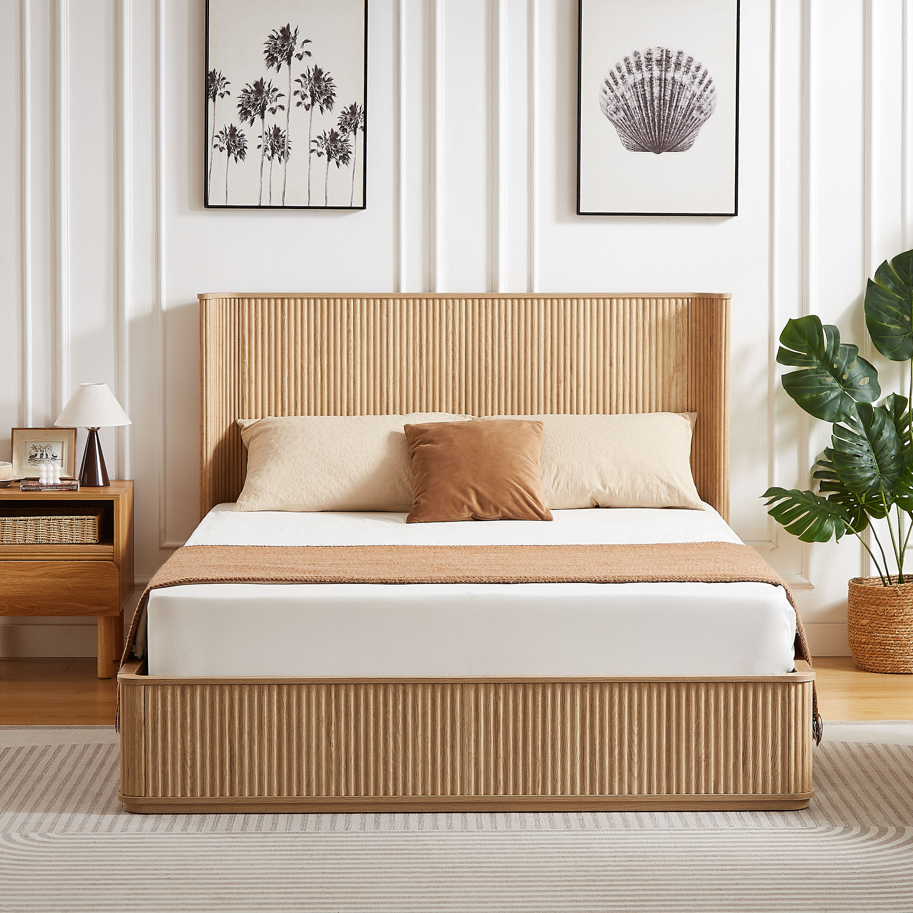 LUXEYARD Queen Size Wood Platform Bed Frame with Corrugated Wave Headboard Natural Oak one_size | DS-Y-YC-1412 | Lowe's