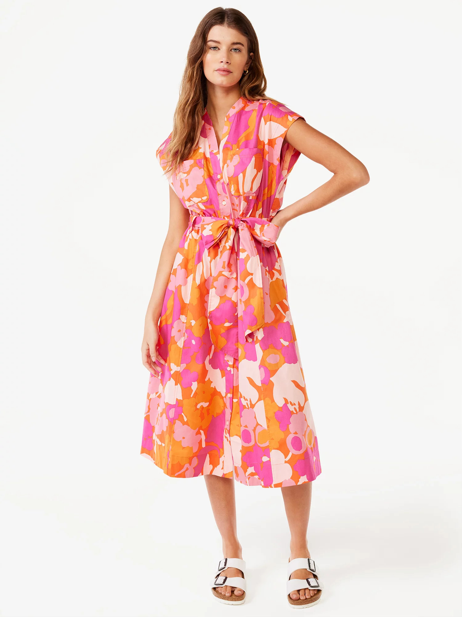 Free Assembly Women’s Belted Midi Shirt Dress with Short Sleeves, Sizes XS-XXXL | Walmart (US)