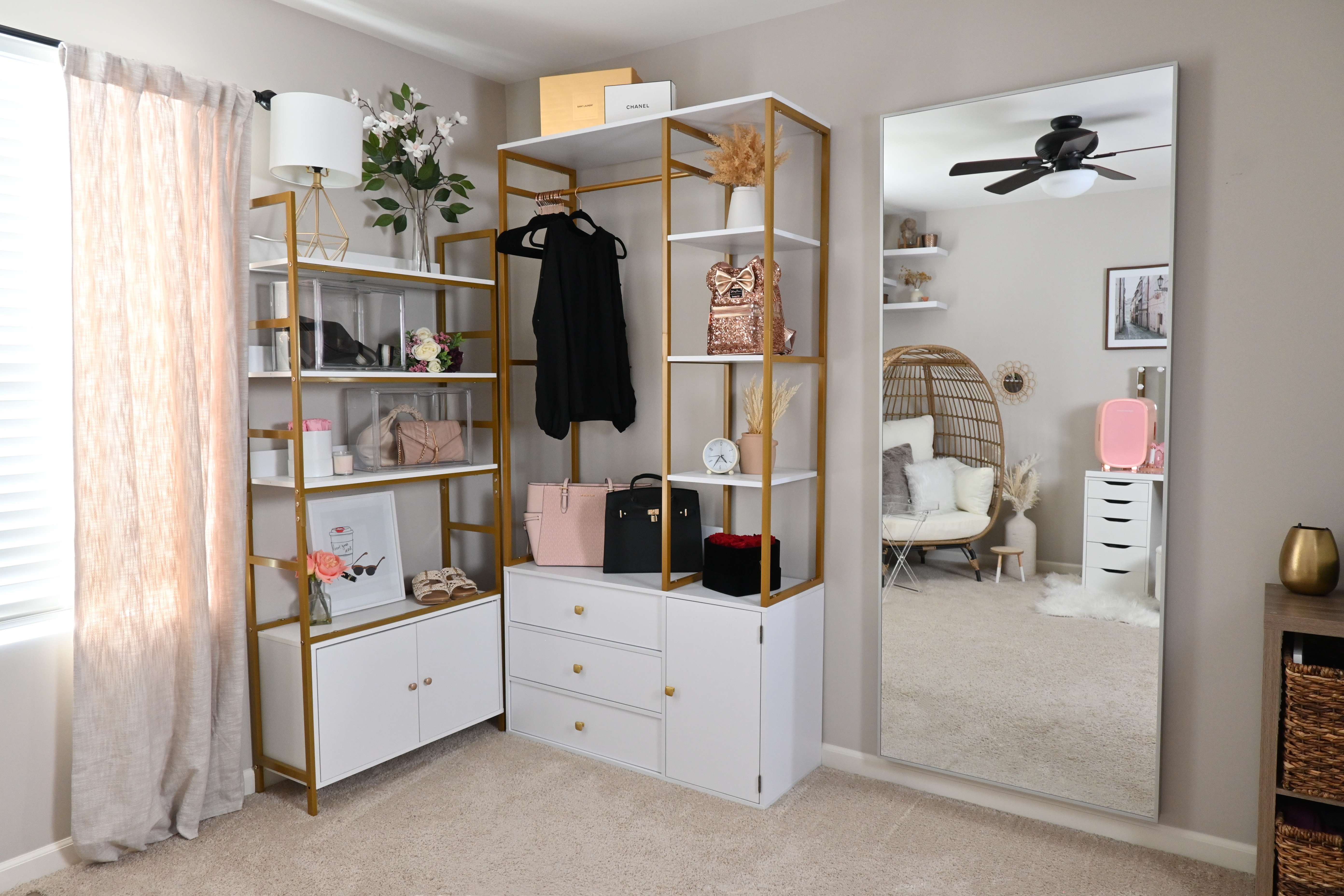 My closet office remodel just had me STARING at this space 🤩 The white and gold wardrobe, matching white and gold bookcase, the ENORMOUS MIRROR! Mirror is from Ikea but I tagged several same size options. Anything less than 30” wide is just criminal now.

#LTKStyleTip #LTKItBag #LTKHome