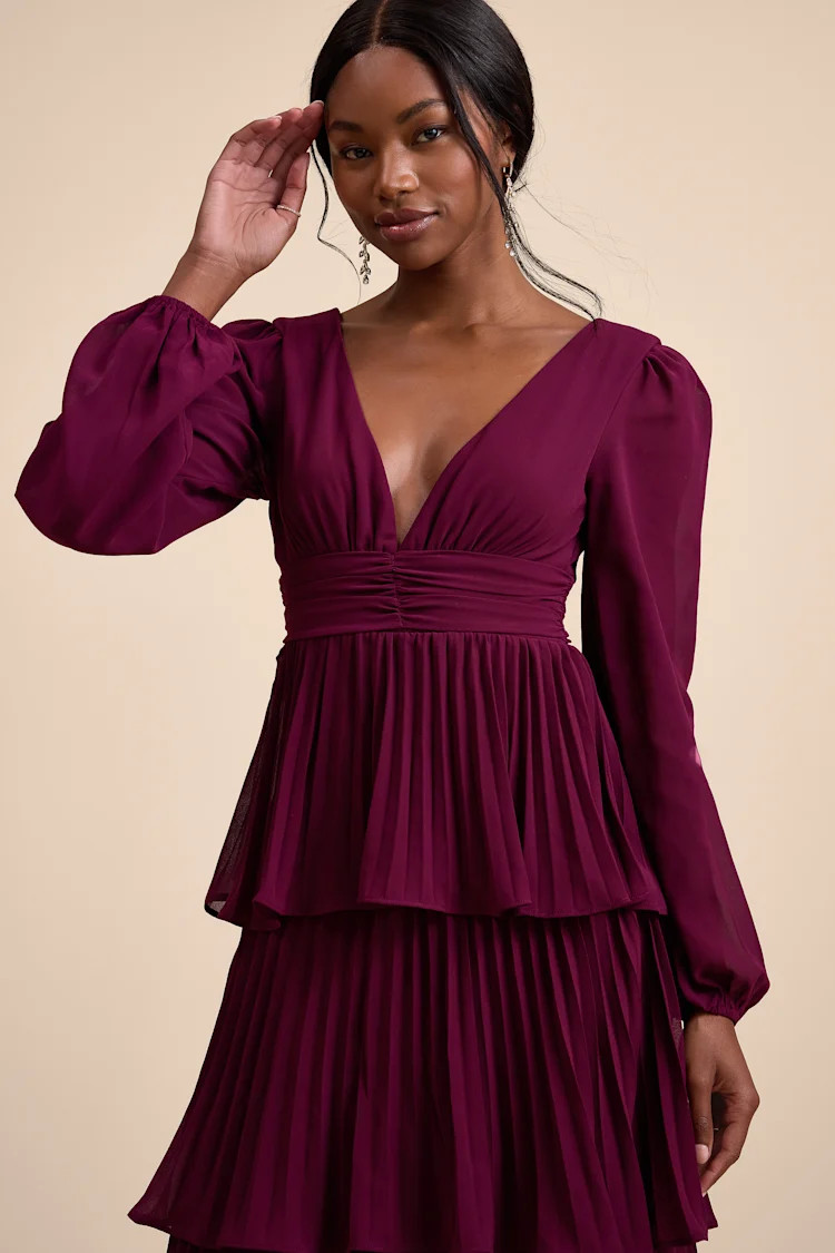 Graceful Finesse Plum Pleated Long Sleeve Maxi Dress | Lulus