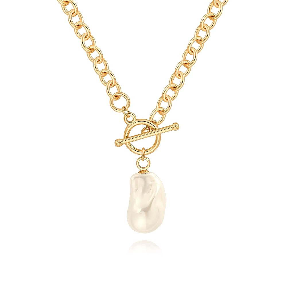 18k Gold Chain Link Necklace for Women, Baroque Pearl/Compass Pendant Necklace | Amazon (US)
