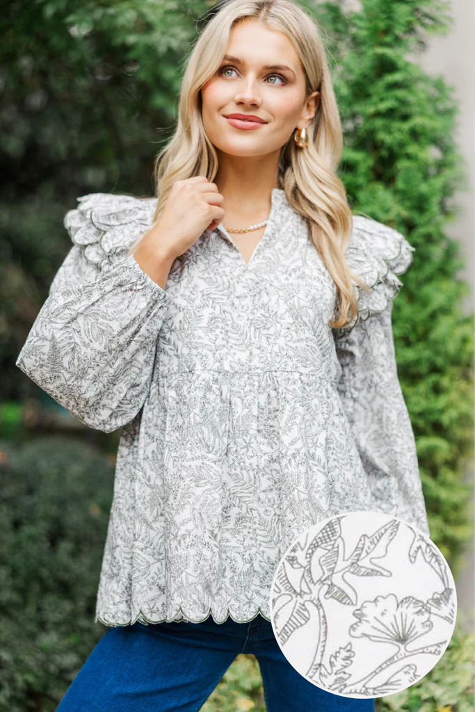 My Sweet Side Olive Toile Scalloped Blouse | The Mint Julep Boutique