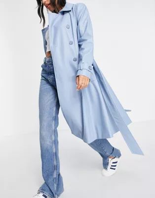 Helene Berman double breasted pleather trench coat in blue | ASOS (Global)