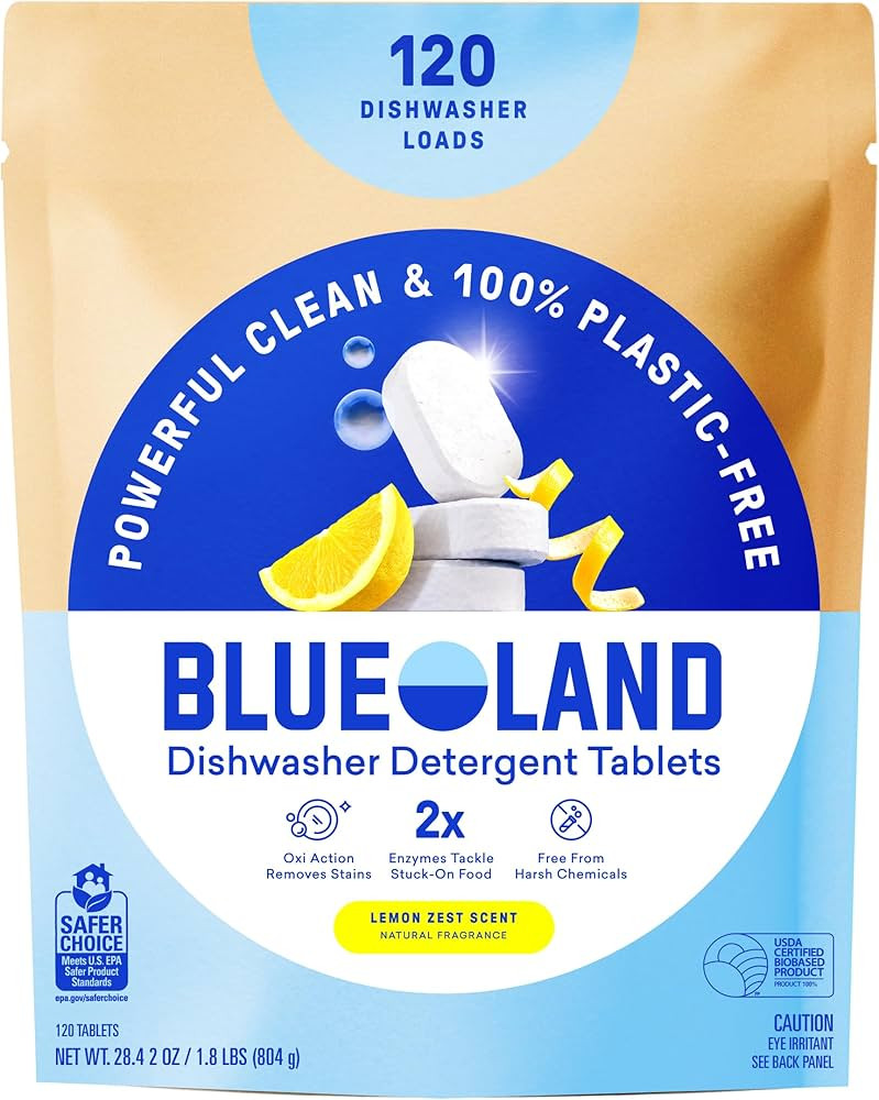 BLUELAND 100% Plastic-Free Dishwasher Detergent Tablets, 120 Count, Lemon Zest Scent, Eco Friendl... | Amazon (US)