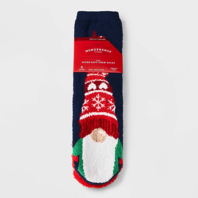 Kids' Gnome 2pk Cozy Crew Socks with Gift Card Holder - Wondershop™ Navy Blue | Target