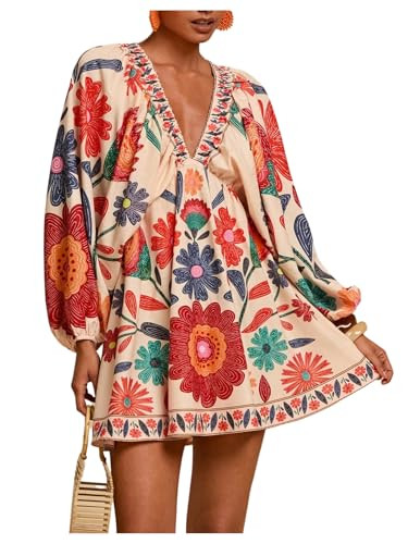 WDIRARA Women's Boho Floral V Neck Short Dress Lantern Sleeve Tie Back Flowy Tropical Dresses | Amazon (US)