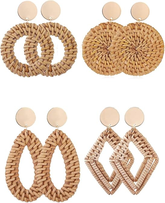 SOOWOOT Rattan Dangle Earrings for Women Girls Boho Woven Straw Wicker Braid Earrings Handmade Ge... | Amazon (US)