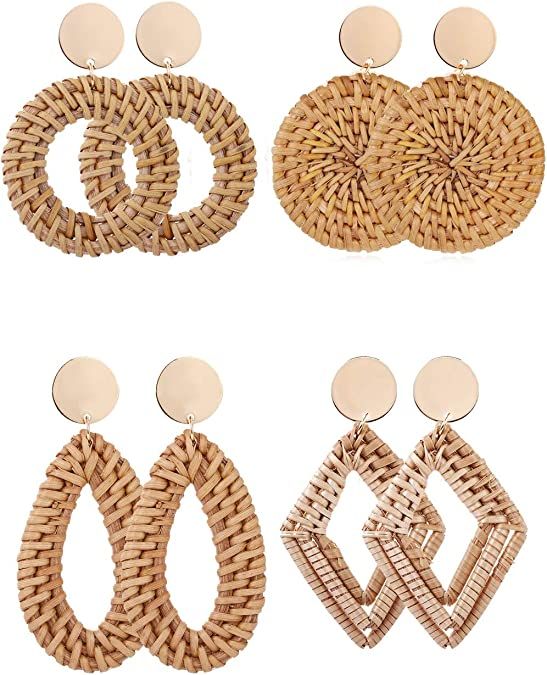 SOOWOOT Rattan Dangle Earrings for Women Girls Boho Woven Straw Wicker Braid Earrings Handmade Ge... | Amazon (US)
