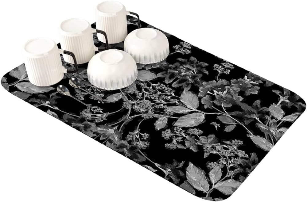 Black and White Floral Dish Drying Mat for Kitchen Counter, Ultra Absorbent Coffee Mat/Dish Drain... | Amazon (US)
