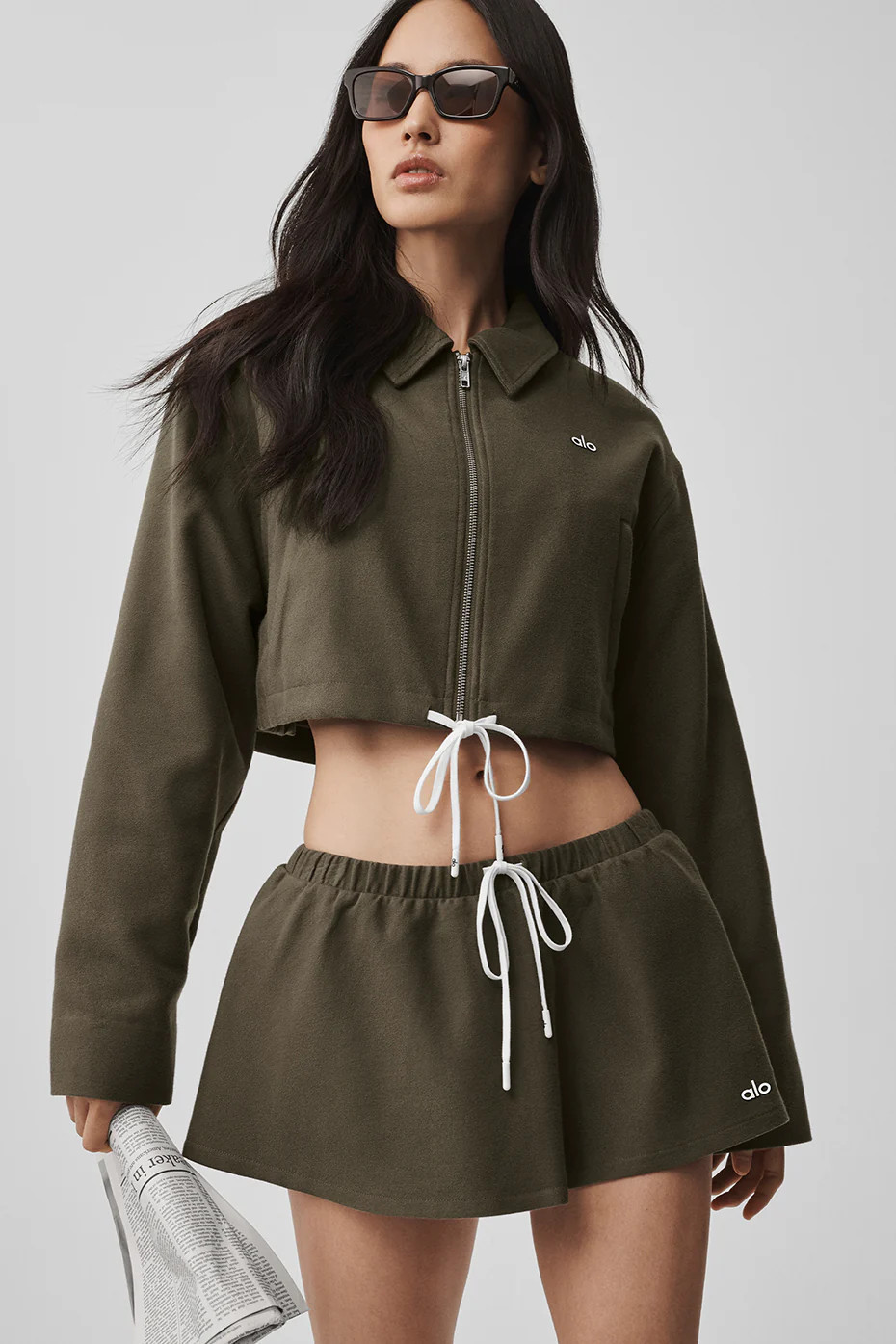 ALO | Cropped Fan Favorite Full Zip Jacket in Olive Tree Green, Size: Large | Alo Yoga (US)