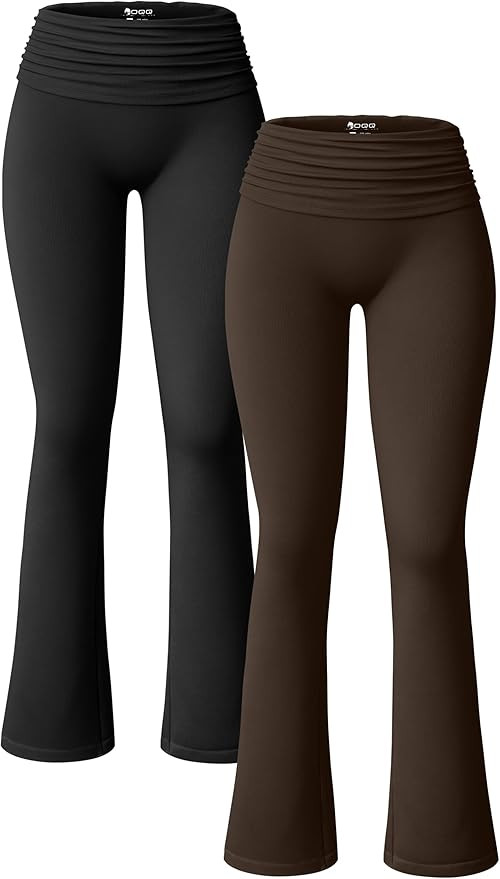 OQQ Women's 2 Piece Flared Pants Ribbed Fold Over Kick Ruched Stretch High Waist Casual Wide Leg | Amazon (US)