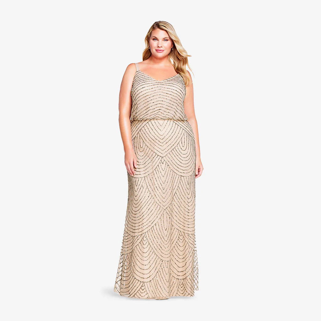Plus Size Art Deco Beaded Blouson Gown In Taupe Pink | Adrianna Papell
