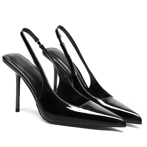 Women's Slingback Stiletto High Heels Pointed Toe Slip On Pumps Shoes Patent Leather Stretch Strap Backless Dress Heels Black | Amazon (US)