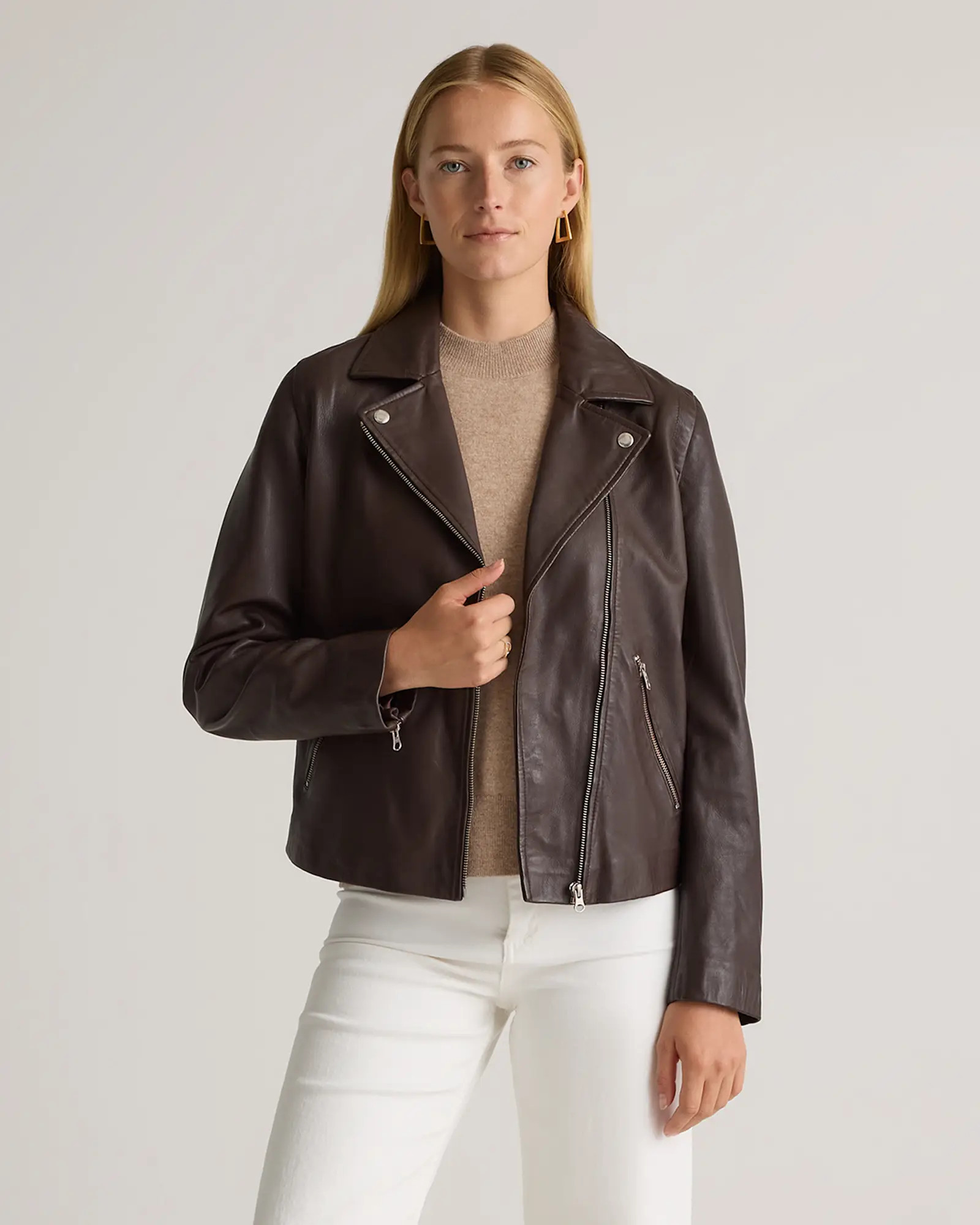 Brown 100% Washed Leather Biker Jacket | Quince