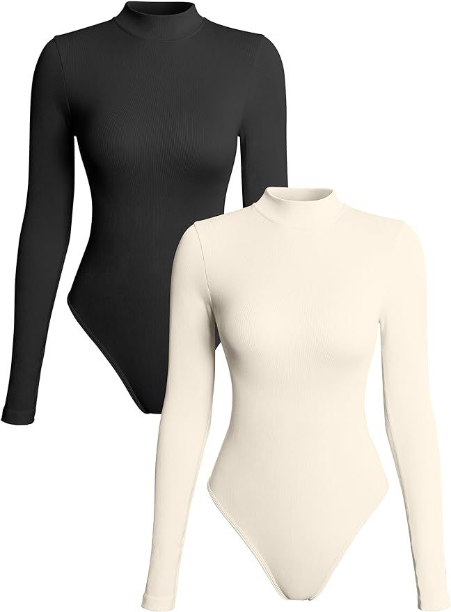 OQQ Women's 2 Piece Bodysuits Sexy Ribbed Turtle Neck Long Sleeve Tops Bodysuits | Amazon (US)