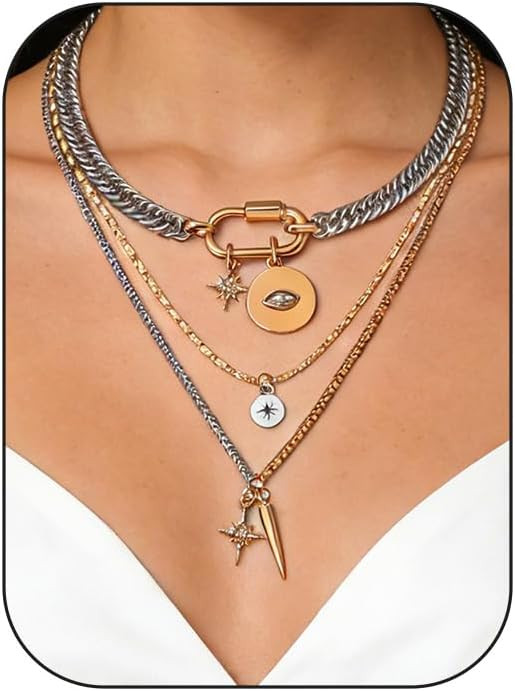 Gold Statement Necklace,Muliti Layered Necklaces for Women,Chunky Two Tone Mixed Metal Necklace S... | Amazon (US)