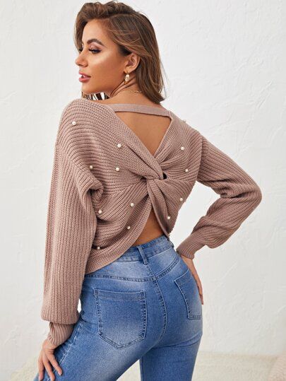 Faux Pearl Accents Twist-Back Sweater | SHEIN