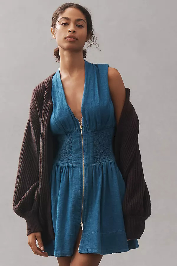 The Tommie Cap-Sleeve Smocked Front-Zip Shirt Dress: Mini Denim Edition | Anthropologie (US)