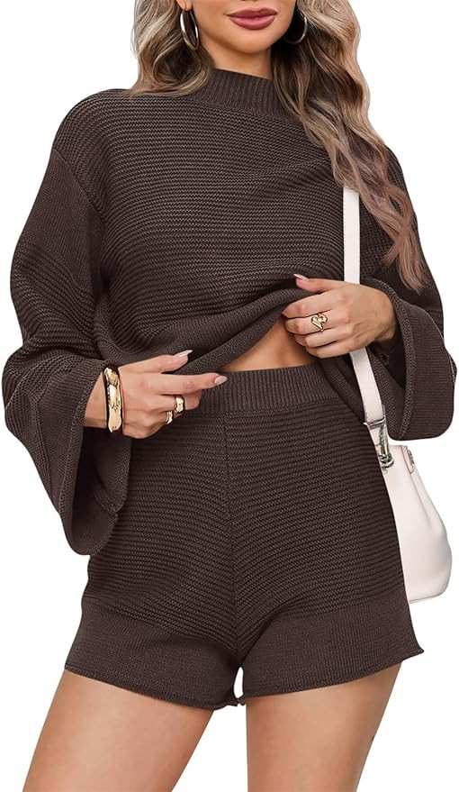 Tankaneo Womens 2 Piece Short Sets Bell Sleeve Mock Neck Oversized Sweater and Shorts Fall Sweate... | Amazon (US)