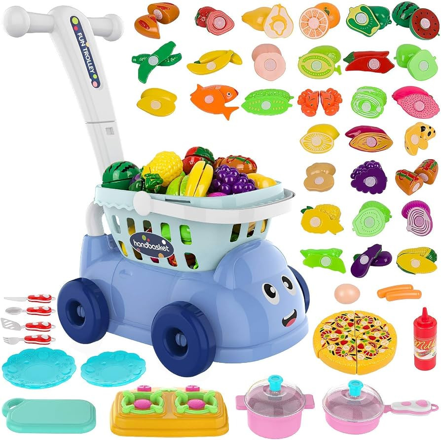 BINGGOO Kids Shopping Cart Play Food Set Toy - 44 PCS Kitchen Pretend Food Toys for Kids - Grocer... | Amazon (US)