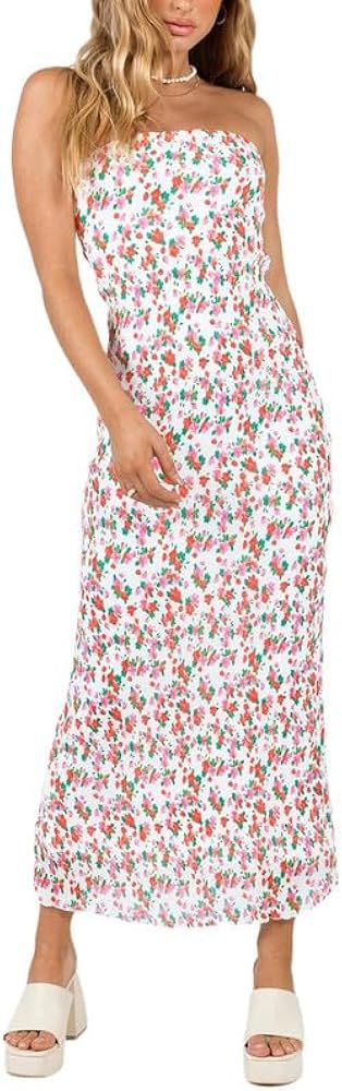 Amazon.com: Women Y2k Floral Tube Long Dress Off Shoulder Strapless Maxi Dress Bodycon Open Back ... | Amazon (US)