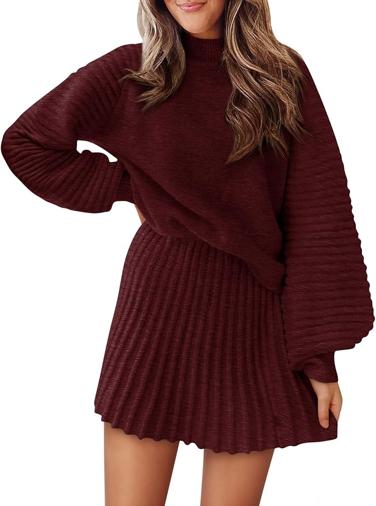 Womens 2 Piece Skirt Sets Fall Fashion 2025 Mock Neck Ribbed Knit Sweaters And Mini Skirt Two Pie... | Amazon (US)