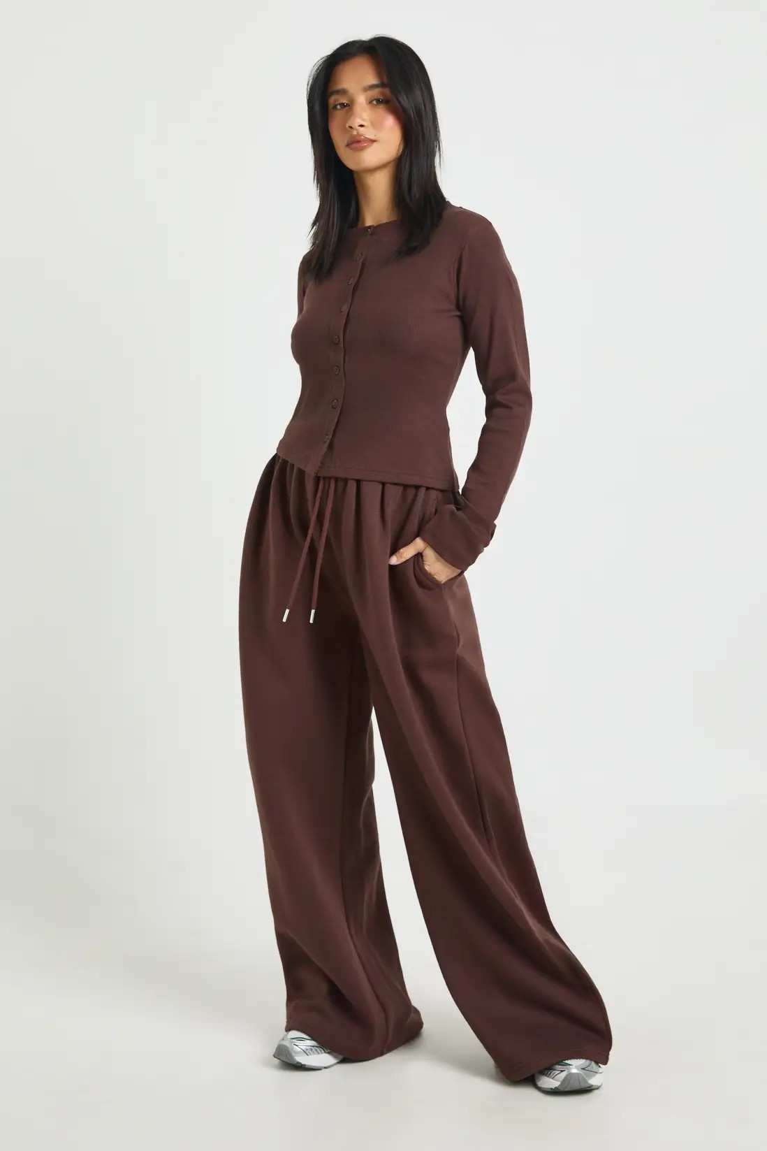 Chocolate Petite Rib Button Through Long Sleeve Top Tracksuit | Boohoo USA | boohoo (US & Canada)