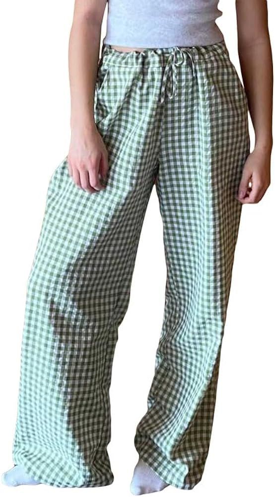 Women Y2K Striped Lounge Pants Pinstriped Wide Leg Pajama Pants Gingham High Waist Relaxed Pants ... | Amazon (US)