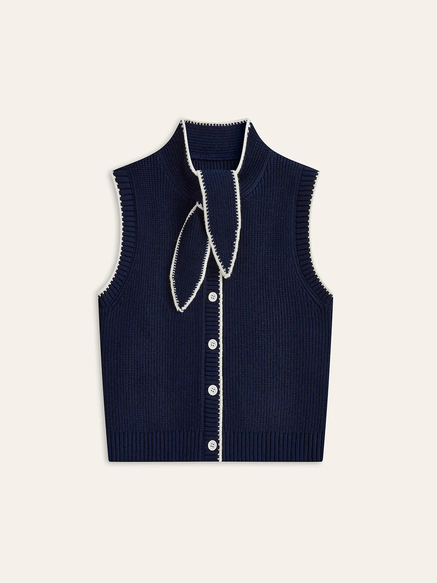 Tie Neck Contrast Trim Button Sweater Vest | Commense