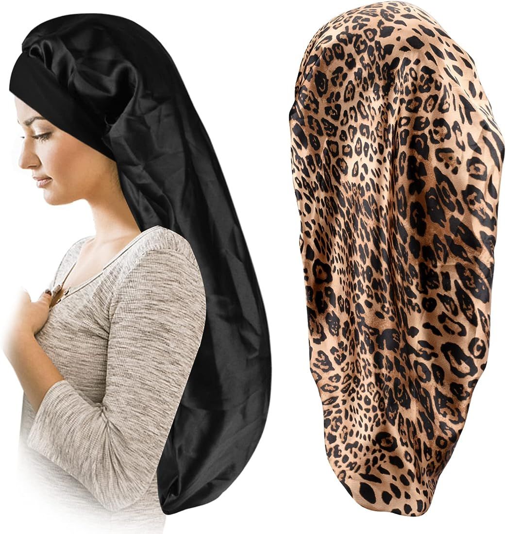 Satin Bonnet for Women 2 Pack Soft and Elastic Black Leopard Long Hair Cap，Large Breathable Sil... | Amazon (US)