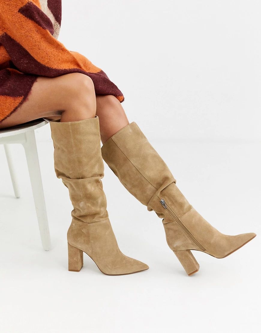 Bershka faux suede slouch knee high boots in sand-Beige | ASOS (Global)