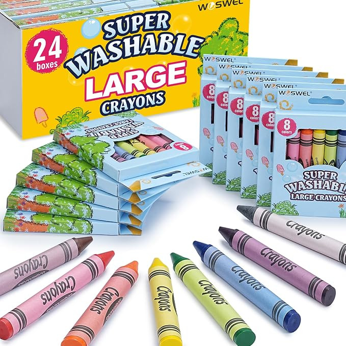 Super Washable Jumbo Crayons Bulk, 24 Pack Crayons with 8 Bright Colors, Non-Toxic Easy-Grip for ... | Amazon (US)