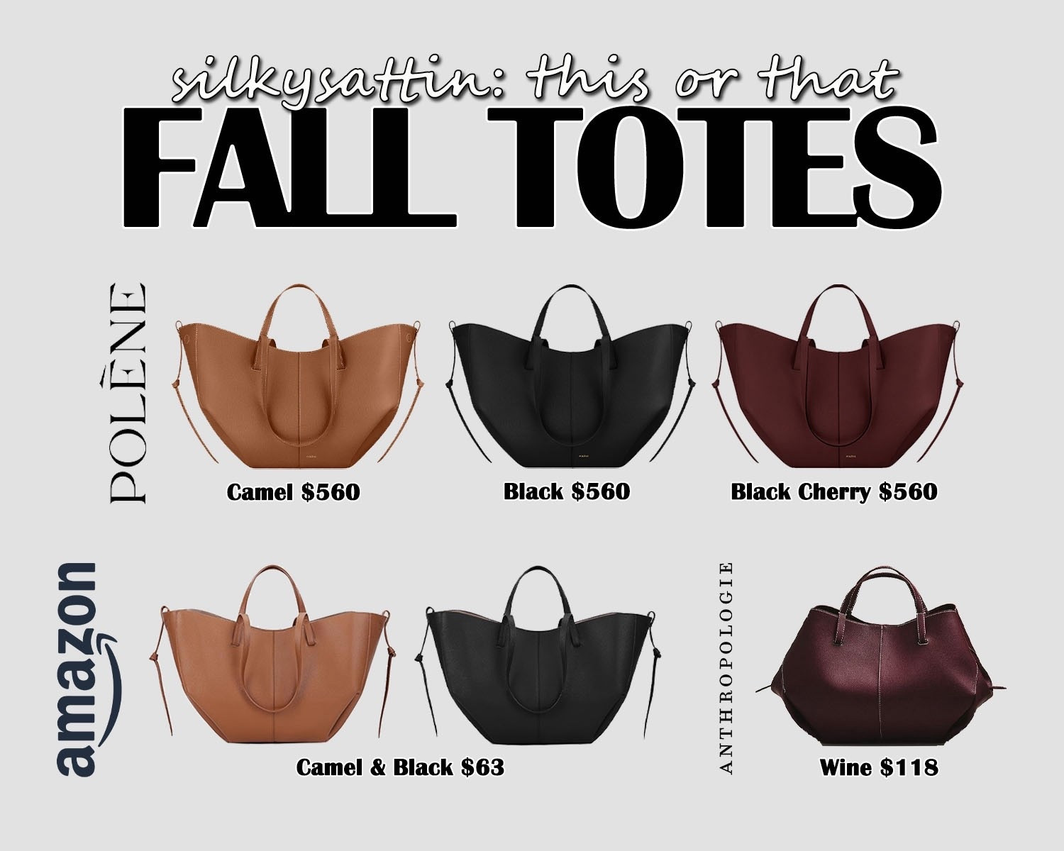 Shop the Edit: This or That Fall Totes

It’s the Poléne Cyme tote versus everyone else. An iconic bag perfect year round, made affordable by Amazon and others. Turn any casual look chic! Which is your favorite?

#camel #wine #burgundy #fall #tote #bag 

#LTKItBag 

#LTKSeasonal #LTKFindsUnder100
