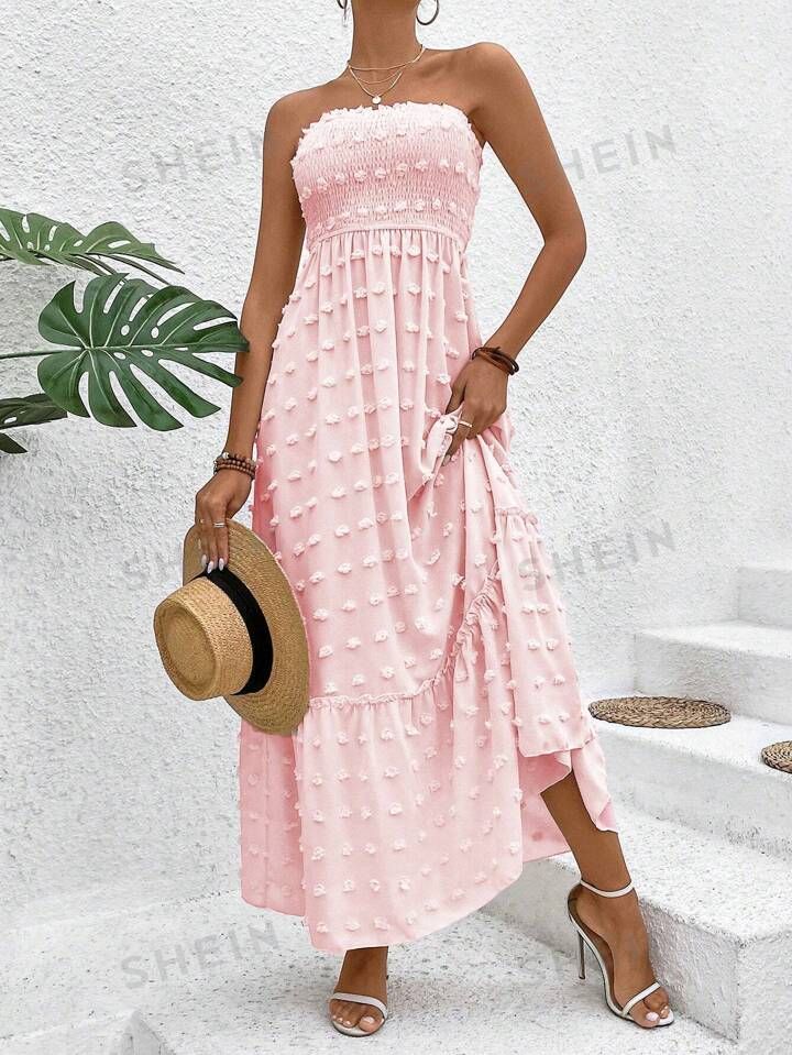 SHEIN VCAY Women's Summer Fashionable 3d Polka Dot Long Bandeau Maxi Dress | SHEIN