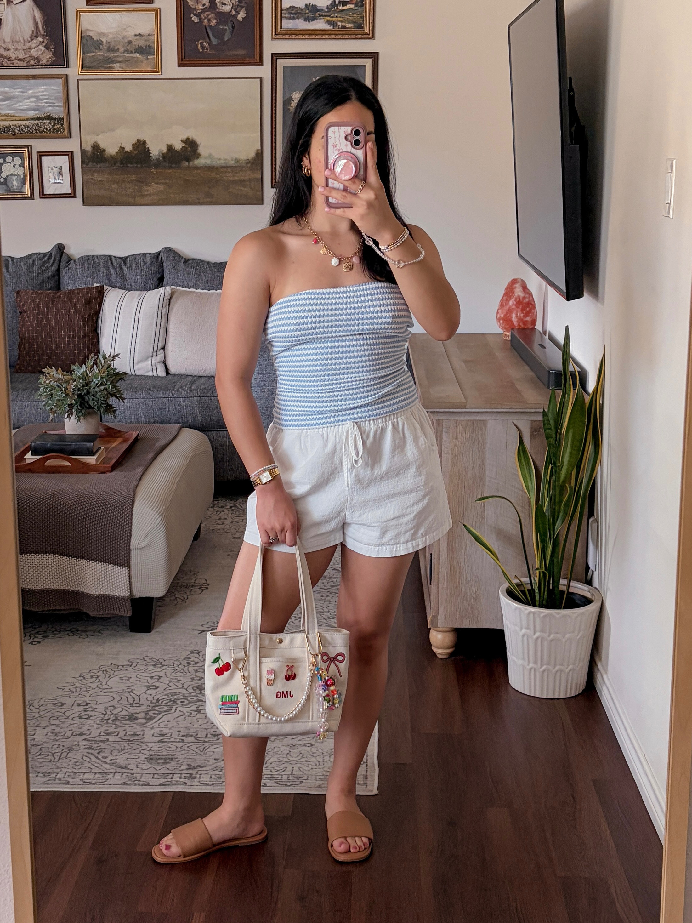 summer ootd 🐚🩵☀️ blue and white outfit, blue summer outfit, blue and white summer outfit, summer outfit inspiration, summer fashion, summer outfit ideas, casual summer outfit, cute summer outfit, easy summer outfit, effortless summer style, beach vacation outfit, vacation outfit inspiration, coastal outfit, coastal grandmother style, coastal fashion, beach town outfit, resort wear, vacation style, summer vacation outfit, travel outfit inspiration, warm weather outfit, hot weather outfit, summer day outfit, weekend summer outfit, casual vacation outfit, beach day outfit, poolside outfit, boardwalk outfit, summer sightseeing outfit, blue striped top, striped tube top, strapless top outfit, white shorts outfit, white summer shorts, white linen shorts, linen shorts outfit, blue and white aesthetic, nautical inspired outfit, preppy summer outfit, feminine summer style, casual chic outfit, effortless chic, minimal summer outfit, neutral accessories, summer sandals outfit, tan sandals outfit, tote bag outfit, canvas tote bag, cute tote bag, summer tote bag, personalized tote bag, charm bag, bag charm accessories, pearl bag charms, colorful bag charms, summer accessories, gold jewelry outfit, layered necklaces, vacation accessories, everyday summer style, capsule wardrobe summer, summer wardrobe essentials, affordable summer fashion, trendy summer outfit, fashion inspo, outfit inspo, outfit of the day, OOTD, fashion content creator, style inspiration, casual fashion inspiration, feminine fashion, classic summer style, timeless summer outfit, cute casual fashion, relaxed summer style, coastal aesthetic, summer aesthetic, vacation aesthetic, beach aesthetic, sunny day outfit, picnic outfit, brunch outfit, lunch date outfit, farmers market outfit, summer date outfit, day trip outfit, travel fashion, vacation fashion, resort outfit ideas  

 #LTKdayinmylife #LTKgrwm #LTKootd
