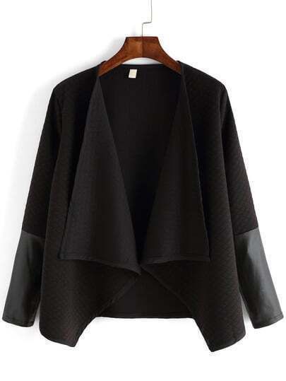 Black Contrast PU Drape Front Diamond Pattern Coat | SHEIN