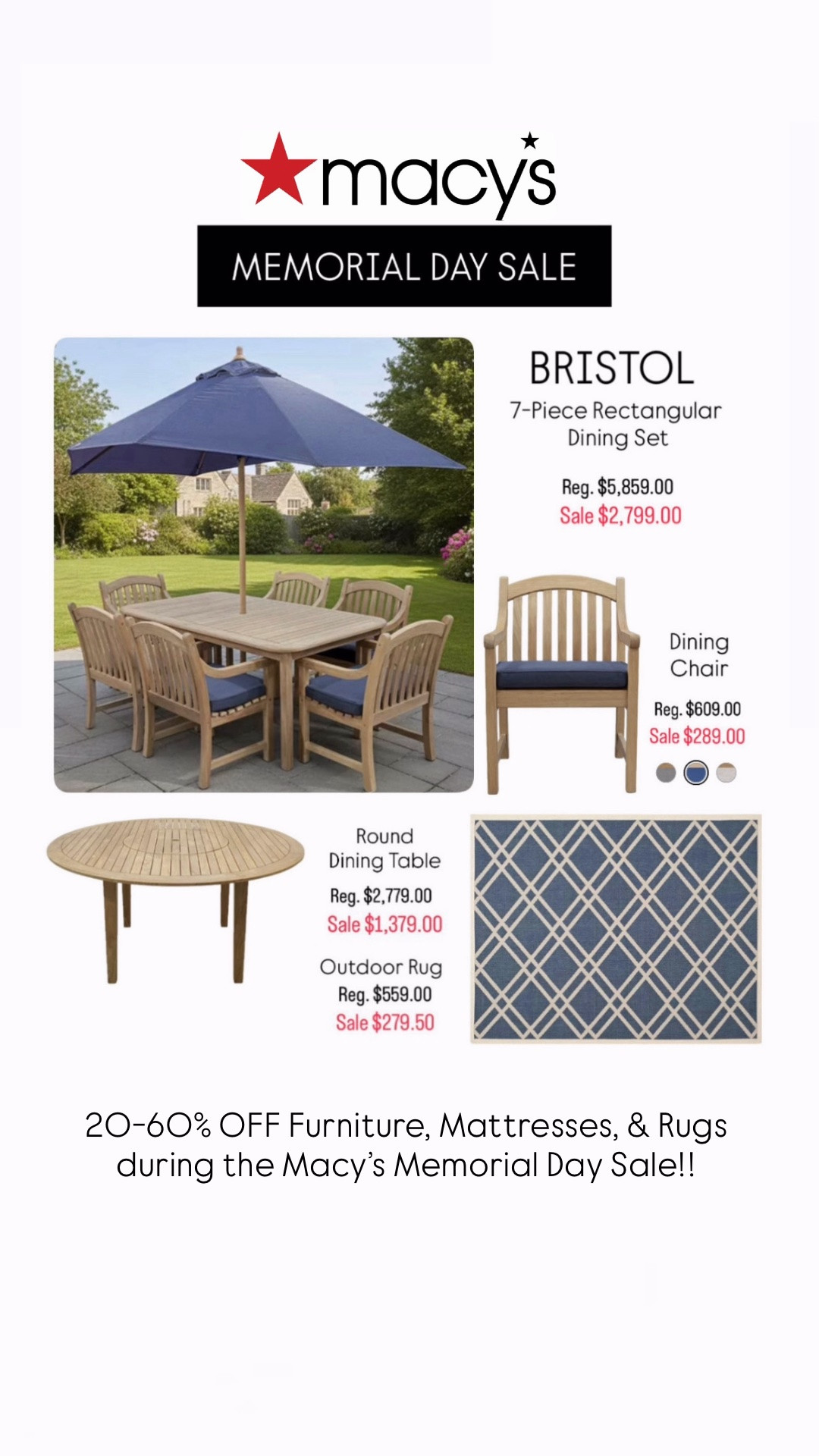 @Macy’s Memorial Day Sale is here! 🎉Save 20–60% on furniture, mattresses & rugs now through 6/1 — including so many amazing outdoor furniture finds just in time for summer! Exclusions Apply. ☀️Sharing a few of my favorite pieces to give your home a seasonal refresh! 🤍#macyspartner  

Outdoor furniture patio sets outdoor rugs coastal classic traditional furniture outdoor living blue rugs classic coastal outdoor furniture

#LTKSaleAlert #LTKHome #LTKSeasonal