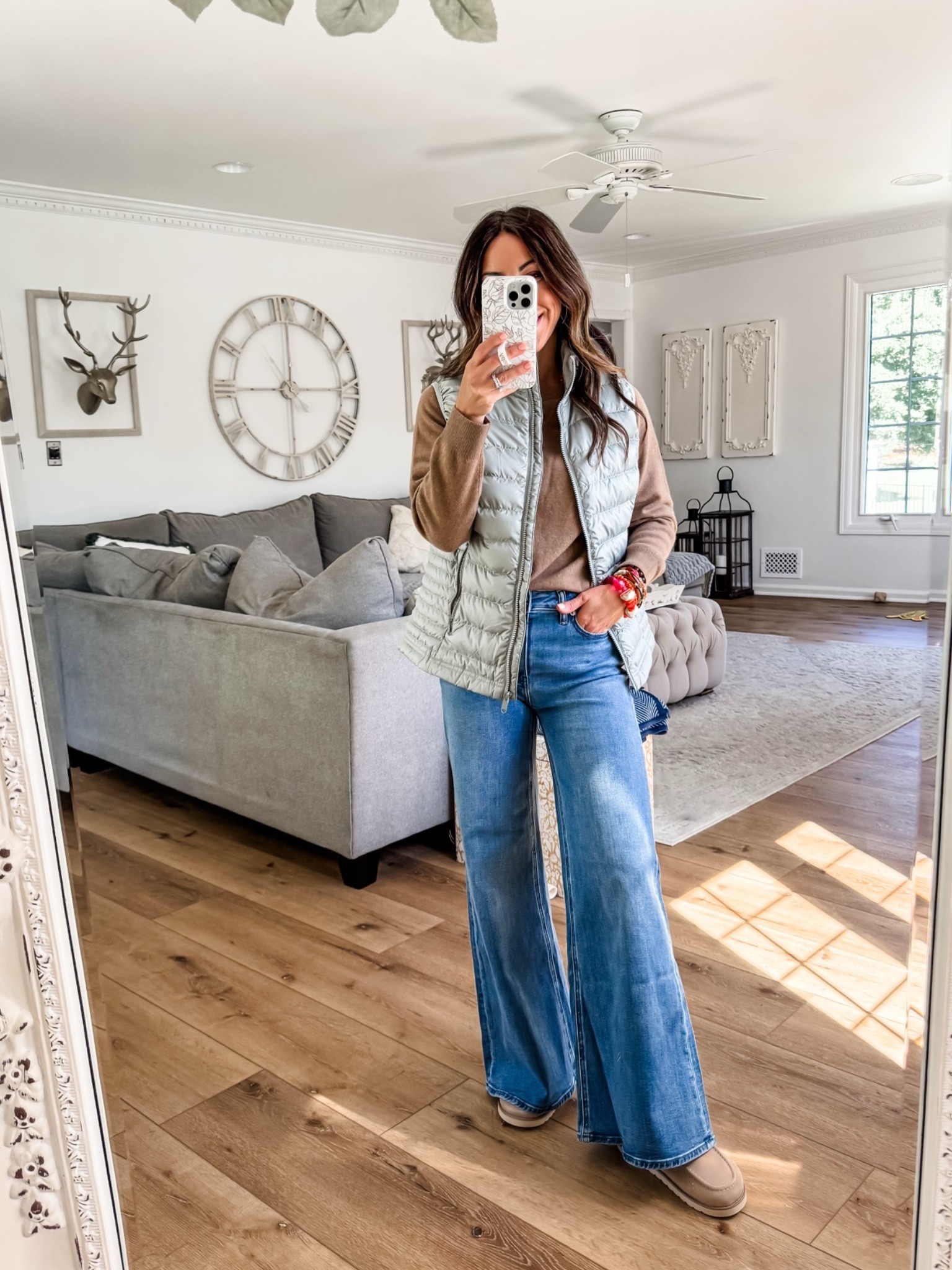 Cashmere sweater I sized up to a medium.  wide leg jeans 25. Puffer vest small. Palazzo jeans. Jewelry code HOUSEOFLEO20 @Quince

#LTKOver40 #LTKPetite