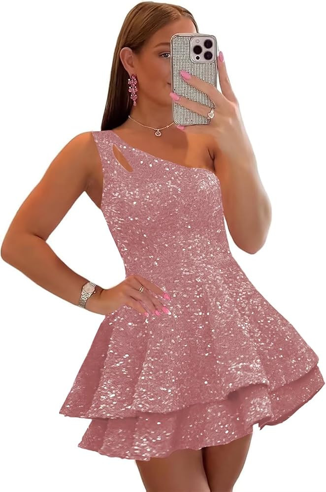Sparkly Sequin Homecoming Dresses for Teens 2026 One Shoulder Short Tiered A-Line Mini Cocktail P... | Amazon (US)