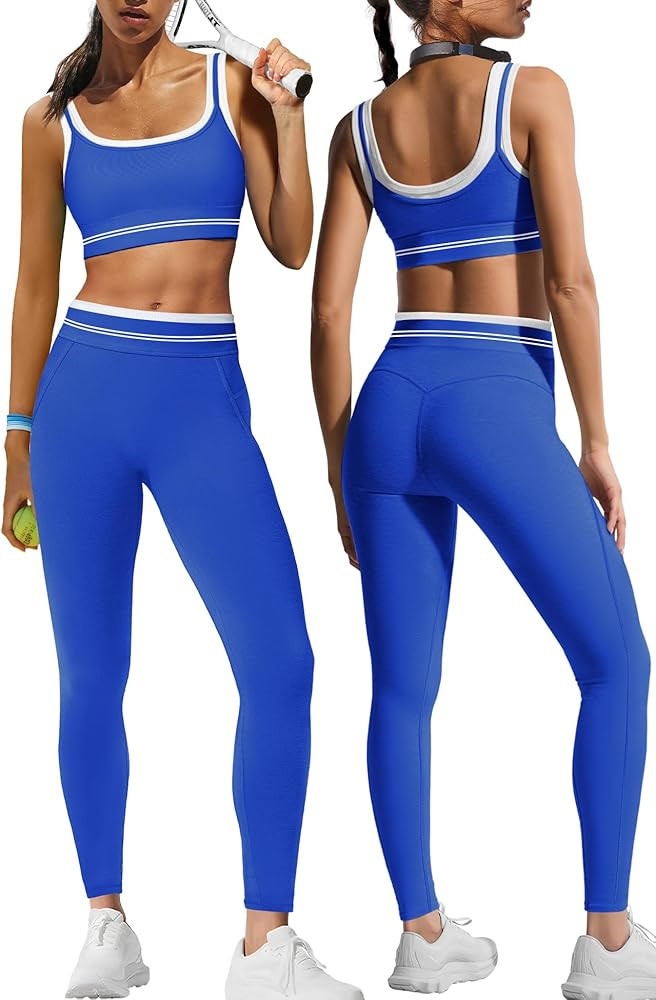ReachMe Womens 2 Piece Workout Sets Striped Athletic Matching Sets Padded Sports Bras and Gym Leg... | Amazon (US)