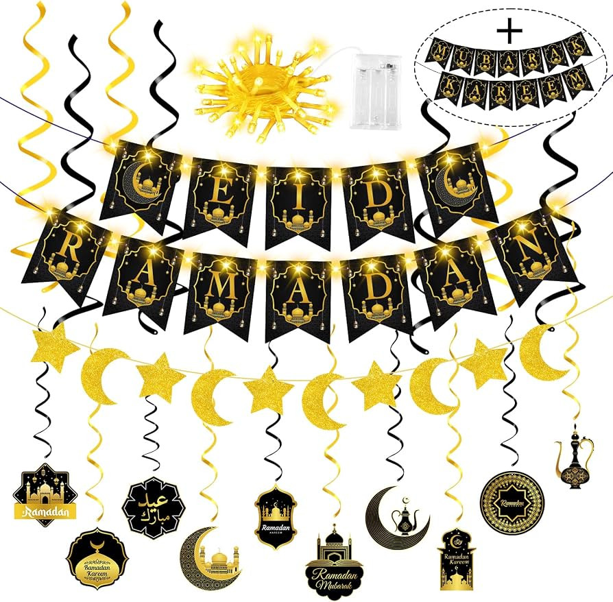 Ramadan Mubarak Garland Eid Decorations, Ramadan Mubarak Banner Shining Gold Moon Star Set with L... | Amazon (UK)