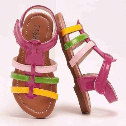 Girls' Colorful Summer Sandals! Glossy Fuchsia Strap, Multi-Color Cross Straps, Foot-Shaped Design, Comfortable & Eye-Catching | SHEIN
