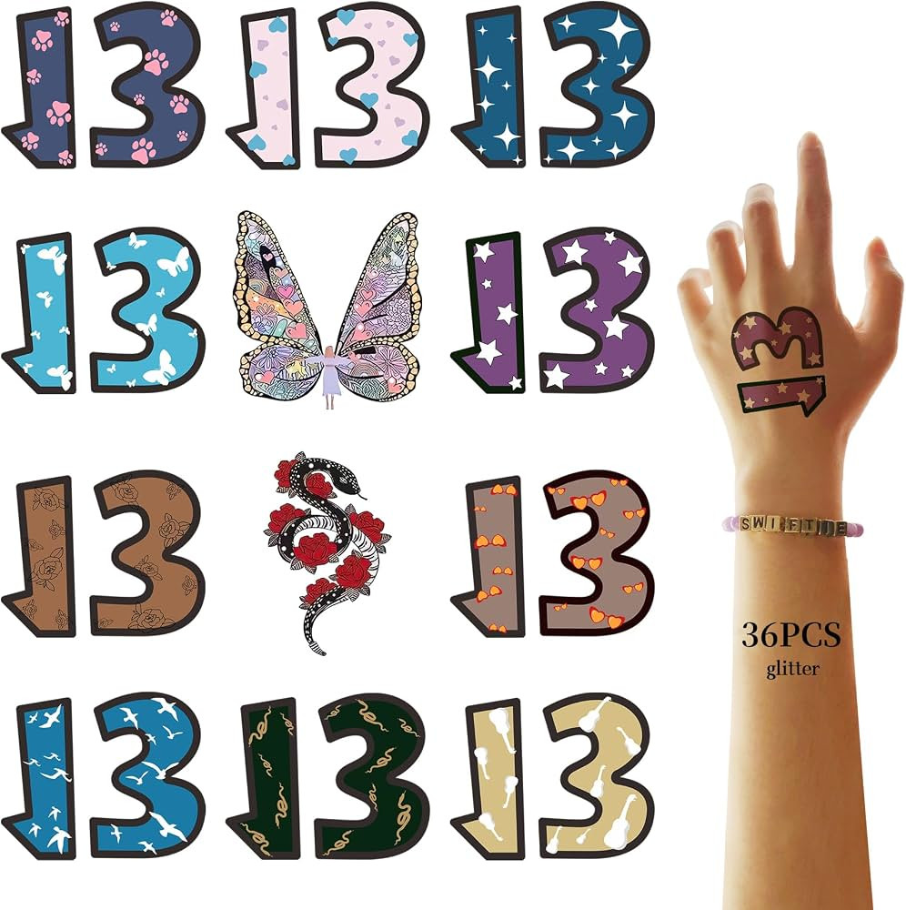 36 Pcs Number 13 Tattoo,13 Hand Tattoo Kits,Era Concert Merch,Glitter 13 Temporary Tattoos Sticke... | Amazon (US)