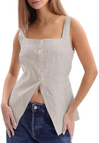 Amazhiyu Women's 100% Linen Square Neck Vest Tops Button Up Sleeveless Waistcoat | Amazon (US)